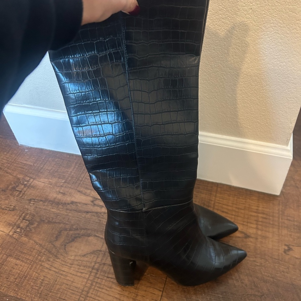 Black Croc-Embossed Knee-High Boots